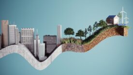 Sustainable growing curve graph made of concrete city with skyscrapers transforming to sustainable green city. (3d render).